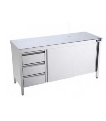 Mesa central Distform gama 700 con puertas y cajones en acero inoxidable