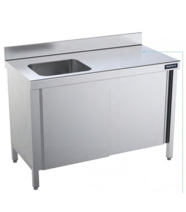 Mesa mural Distform gama 700 con cubeta y puertas correderas en acero inoxidable