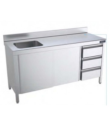 Mesa mural Distform gama 700 con cubeta, cajones y puertas correderas en acero inoxidable