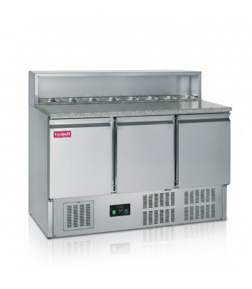 Mesa fría de pizza TEFCOLD GP93 con encimera de granito y 3 puertas GN1/1