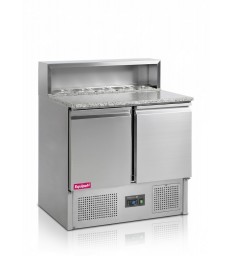 Mesa fría de pizza TEFCOLD PT920 con encimera de granito y vitrina GN1/6 refrigerada