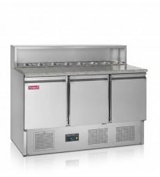 Mesa fría de pizza TEFCOLD PT930 con encimera de granito y vitrina GN1/6 refrigerada de 3 puertas