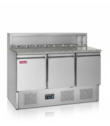 Mesa fría de pizza TEFCOLD PT930 con encimera de granito y vitrina GN1/6 refrigerada de 3 puertas